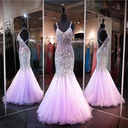Robe De Soirée Elegant Crystals Beaded Purple Mermaid Prom Dresses 2021 Sexy Spaghetti Strap Formal Evening Gown Customized