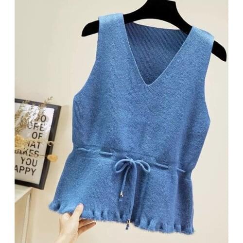 Loose Sleeveless Knitted Sweater Vest Female V-neck Lace Up Waist Bow Frill Pullover Tops Vest Women 2020 Spring Autumn Clothes