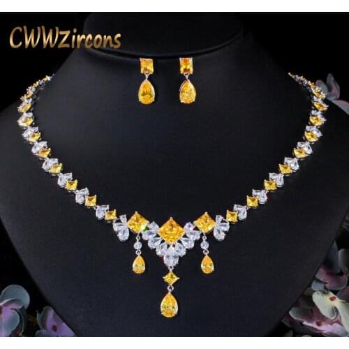 CWWZircons Gorgeous Dubai Yellow Cubic Zirconia Stone Big Dangle Water Drop Wedding Bridal Costume Necklace Jewelry Sets T472