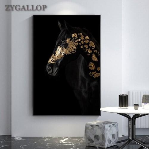 Golden Flower and Black Horse Canvas Painting Modern Living Room Decoration Posters Prints Wall Art Pictures For Home Design