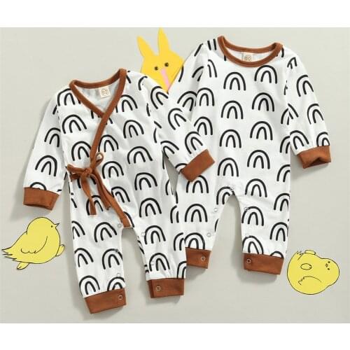 Kids Baby Autumn Rompers Boys Girls Rainbow Print Tie-up Long Sleeve Pullover Jumpsuits Overalls Cotton Casual Soft Outfits