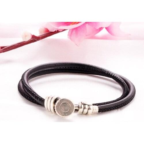 Luxury Original 100% 925 Sterling Silver Leather Rope Bracelet Double Ring Leather Bracelet Authentic Jewelry