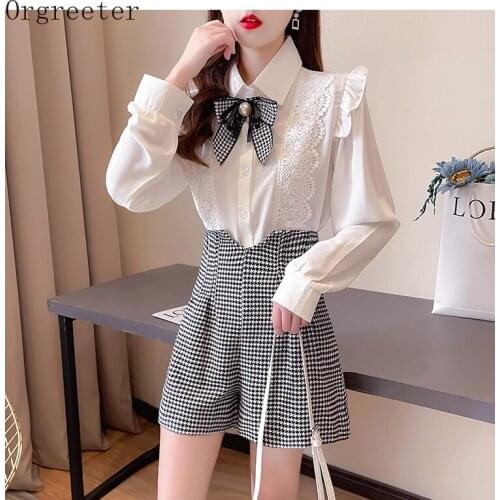 Preppy Style Shirt Shorts 2 piece set Women Ruffles Lace Trim White Shirt + Wide leg Houndstooth Shorts Suits With Pearl Bow