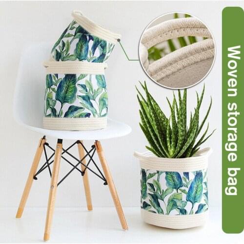 Nordic Style Tropical Green Leaf Storage Basket Hand-woven Cotton Rope Storage Bucket Foldable Plant Basket Home Organizer