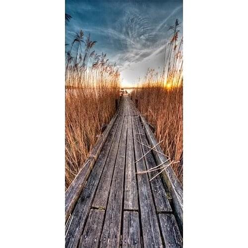 Hot Door Mural Sunset Seaside Wooden Bridge Door Sticker DIY Self-adhesive Waterproof Wallpaper Poste for Home Decoration Gift
