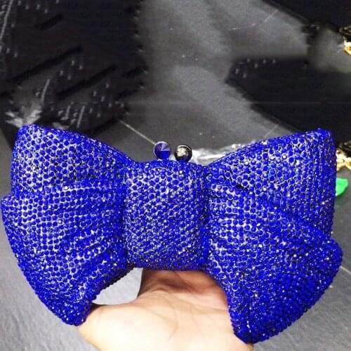 Luxury Blue Diamond Clutches High-End Female Crystal Handbags New Women Bags Designer Bow Shape Prom Dinner Clutch Minaudiere
