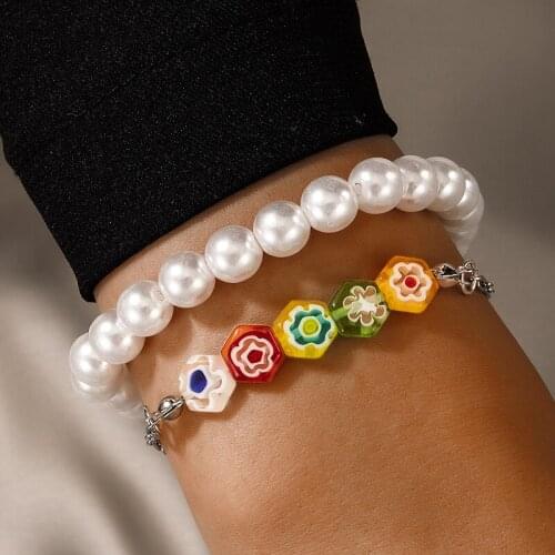 Tocona 2pcs/sets Elengant Pearl Stoen Bead Bracelets for Women Charms Colorful Flowers Adjustable Bangle Party Jewelry 19747