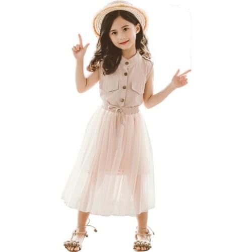 Big Girls Sleeveless Solid Color Tops+Net Skirts 2PCS Clothing Sets 100% Cotton Hemp Casual Fashion Summer Sets