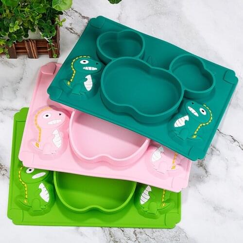 Baby Silicone Plate Dinosaur Cartoon Soft Spoon Feeding Training Utensils Children Silicone Tableware Set
