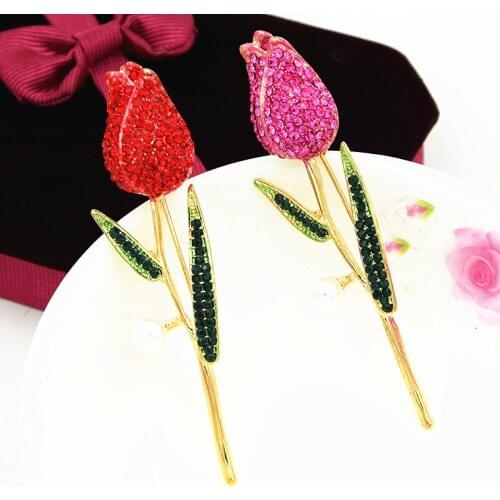 Utei Jewelry Amazing Gold Color Alloy Red Crystals Tulip Flower Brooch Lovely Pink Rose Jewelry Corsage For Women