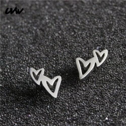 UVW301 2pc Fashion 316L Steel Tiny Double Heart Ear Stud Earrings Piercing Earrings Ear Pendientes Brincos Good Quality