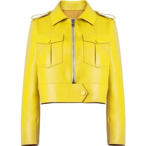 YOLOAgain Spring Women Yellow Cropped Leather Shirt Blouses Real Sheepskin Jacket