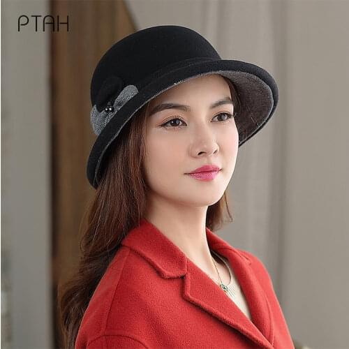 [PTAH] Fedoras For Women Fashion Wool Hats Church Autumn Winter New Warm Womens Felt Hat Fedoras British Style Vintage Hat Cap