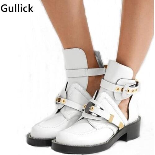 High Quality Luxury Spring Autumn Women White Ankle Boots Square Heels Buckle Hollow Leather Woman Punk Shoes Metal Decor