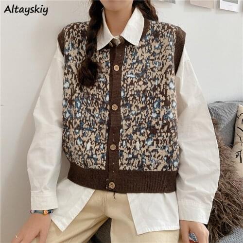 Vintage Sweaters Vest Women Panelled Geometric Jacquard O-neck Knitting Autumn Single Breasted Ladies Crop Trendy Popular Female