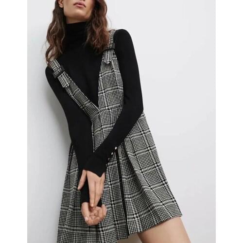 Ladies plaid tank jumper dress high quality college style student mini dress pleated tank top dress
