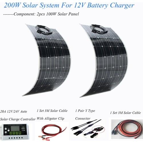 200W Solar Energy Whole Solar System 2pcs 100w Flexible Solar Panel Power Complete Home Kit For 12v/24v Solar Battery Charger