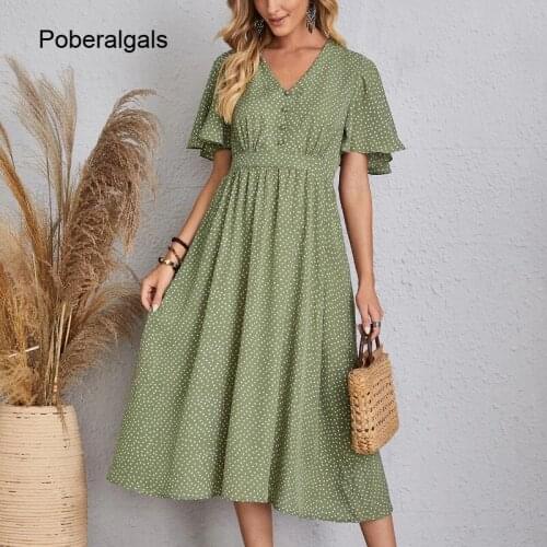 2021 Summer Elegant A Line Dress V Neck Floral Print Party Midi Dress Flare Short Sleeve Button Casual Holiday Style Sun dress