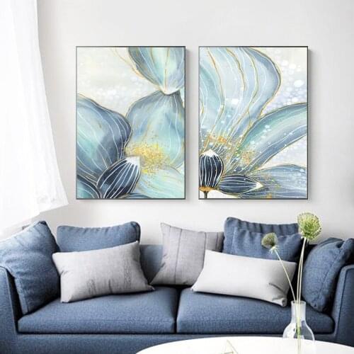 Abstract Blue Flowers Canvas Paintings Wall Art Golden Foil Prints Poster Living Room Decorative Paintings Wall Home Decor