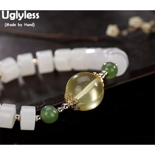 Uglyless 100% Real Natural Jade Beads Bracelets for Women Elastic Rope Amber Bangle Jasper Lotus Leaf Charms Fine Jewelry Bijoux