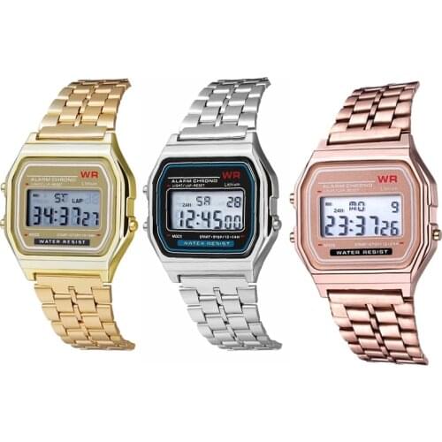 F91W Steel Strap Watche Luxury Rose Gold Watch Women Men Business Clock Multifunction LED Sports Digital Men Erkek Reloj Relogio