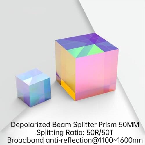 Depolarized Beam Splitter Prism Optical Dichroic Prism K9 Cube 50MM Split Ratio 50R/50T Optical Coating Beam Splitter Prism