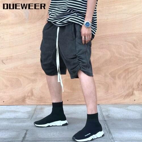 Dueweer Oversized Harem Casual Shorts Vintage Washed Distressed Hip Hop Pleated Pants Men Knee Length Black Baggy Sweatpants