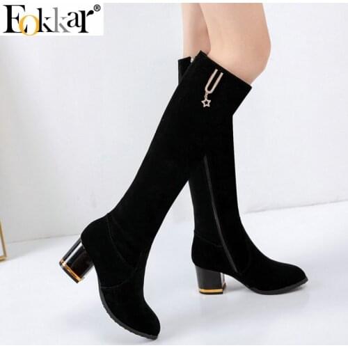 Eokkar 2020 Women Knee High Boots Nubuck Round Toe Square Heel All Match Zipper Winter Boots Shoes Ladies Boot Size 34-43