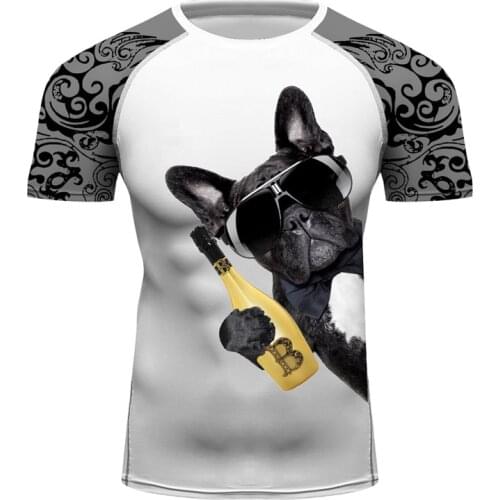 Men Short Sleeve Compression Base Layer Rashguards Breathable Fitness Tee Top Funny Dog Beer Printing Tshirt for MMA BJJ Boxing