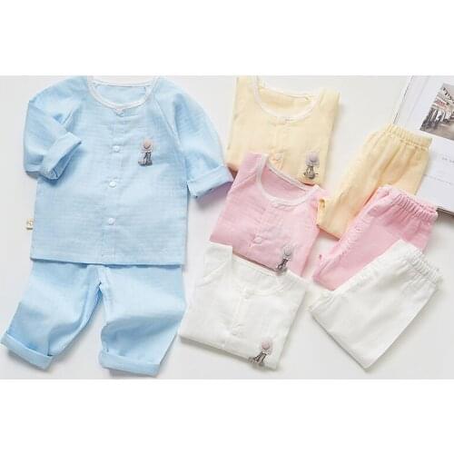 Cotton Gauze Jacquard Children Household Pajamas Suit Summer Long-sleeve Pants Breathable Air Conditioning Sleepwears Sleeper