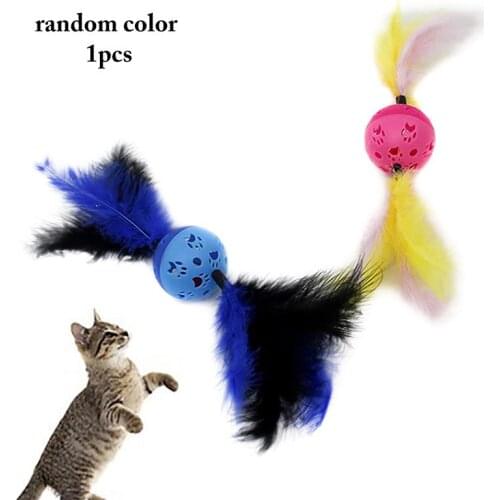 Cat Toys Ball Creative Plastic Hollow Kitten Toys Ball With Faux Feather Interactive Cat Training Exercise Toy With Small Bells
