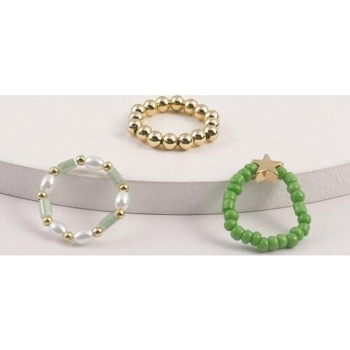 3PCS Resin Bead Star Ring Set Blue Red Simulated Pearl Elastic Rings For Women Simple Gold Color Finger Jewelry