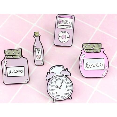 Lovely Pink Enamel Brooch for alarm clock ur a loser lol and dreams Bottle love Bottle Female adorable decorative jewelry