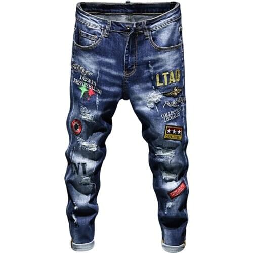 Mens Badge Embroidery Ripped Denim Jeans Trendy Slim Fit Holes Pants Embroidered Trousers