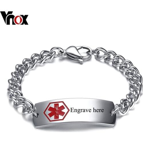 Vnox 15mm Free Engraving Medical Alert ID Bracelets For Men Stainless Steel Rod Of Asclepius Emergency Male Laser Jewelry