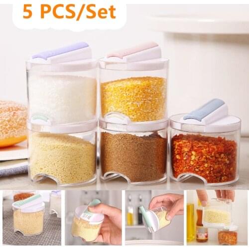 5 Pcs/ Set Spice Jar Set Seasoning Box Transparent Spice Pots Cruet Salt Pepper Cumin Powder Storage Jar Kitchen Cooking Tools