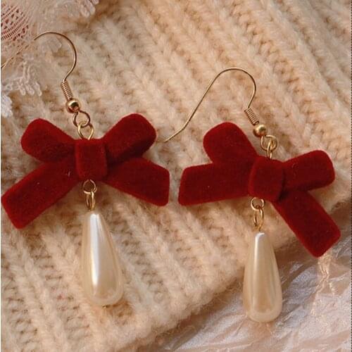 Unusual Earrings For Women 2021trend Goth Stainless Steel Jewelry Pendant Vintage Undefined Ear Studs Velvet Pearl Bowknot Red