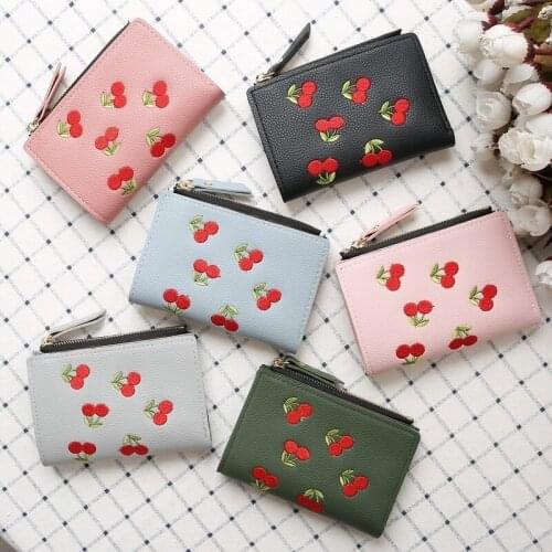Cherry Embroidered Womens Short Wallet PU Purse Women Ladies Card Bag for Women Card Hloder