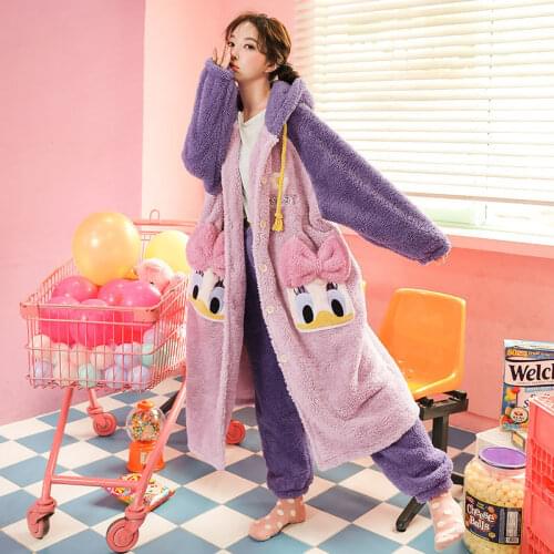 Pajamas Autumn and Winter Pajamas Thickened Plus Velvet Long Cute Flannel Bathrobe Home Service Two-piece Fashion