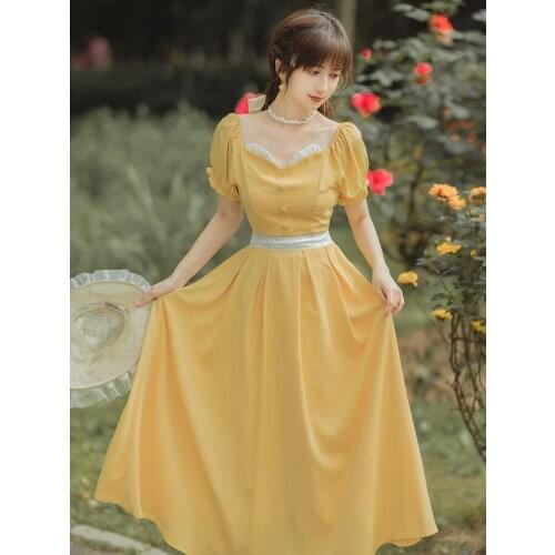 Puff Sleeve Square Neck Dress Women Summer French Ruffle Mid-length Lace High Waist Retro Dress Vestido de mujer