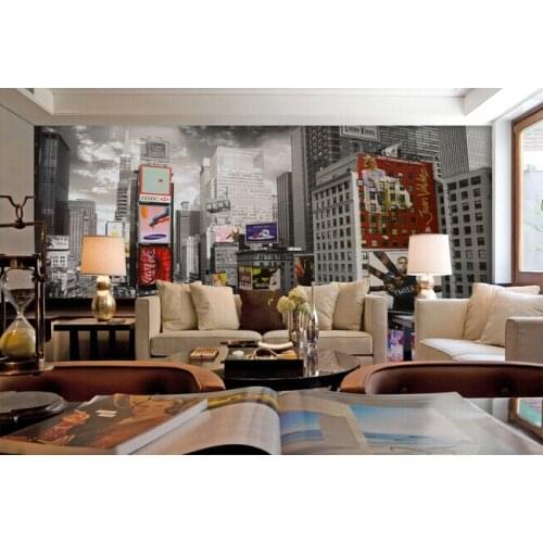 The custom 3D murals,black and white New Yorks times square modern street building ,living room sofa TV wall bedroom wall paper