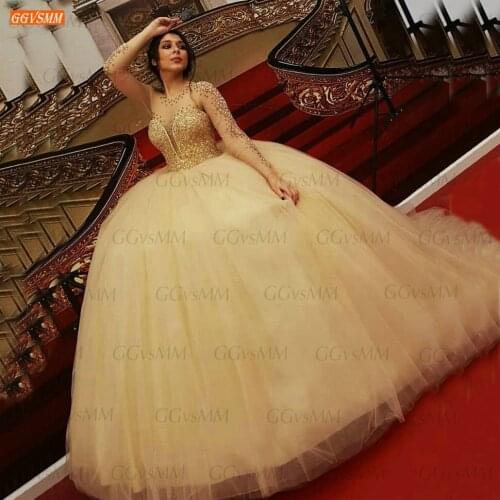 Luxury Arabic Gold Prom Dress O Neck Long Sleeves Crystal Vestido De Fiesta De Boda 2021 Beading Women Party Gowns Robes De Bal