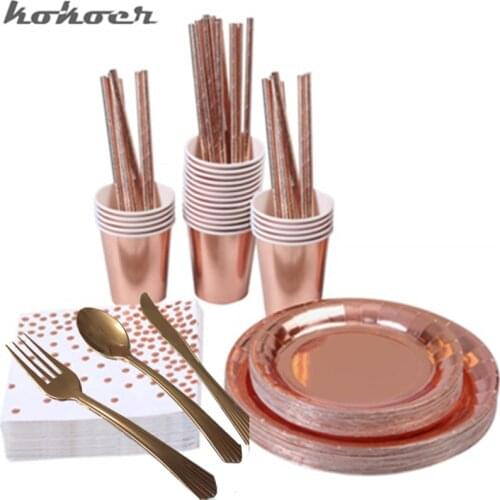Rose Gold Party Disposable Tableware Set Paper Cups Plates Straws Cake Stand Table Decoration Wedding Birthday Party Supplies