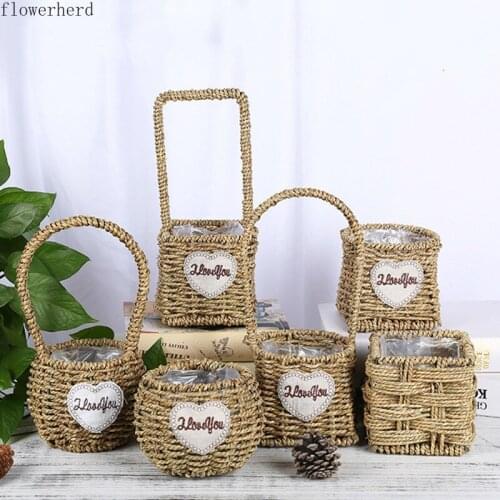 Gardening Straw Woven Portable Flower Basket Creative Hand-woven Flower Pot Succulent Green Dill Portable Basket Decoration