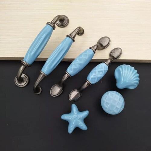 Blue Mediterranean Style Ceramic Door Handles European Modern Furniture Handles Drawer Pulls Kitchen Cabinet Knobs and Handles