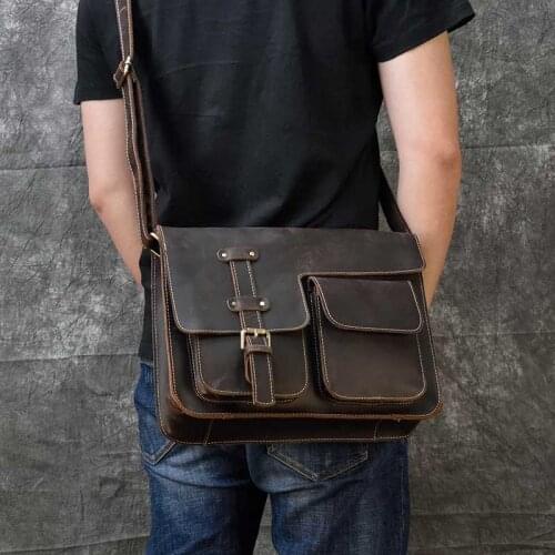 Vintage Multifunction Crazy horse leather men shoulder bags A4 business laptop bags high quality casual messenger crossbody bag