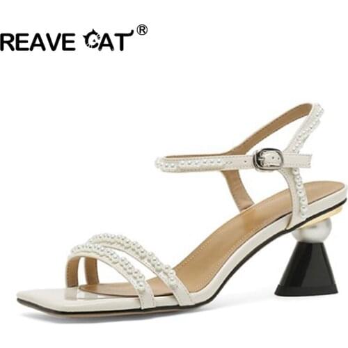 REAVE CAT Skin Summer Women Shoes 6.5cm Strange Heel Stylish String Bead Dressing Square Toe Pearl Comfort Sandals US11 B2609