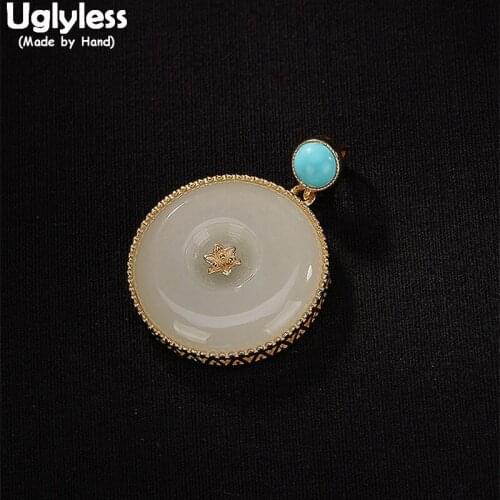 Uglyless 100% Real 925 Sterling Silver Bohemia Turquoise Pendants for Women Simple Fashion Round Necklaces NO Chain Jade Jewelry