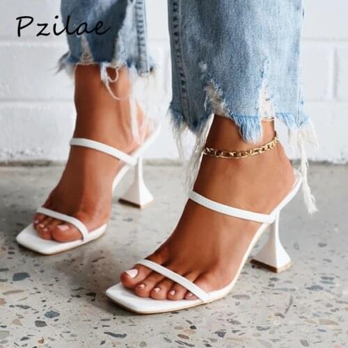 Pzilae New sexy slippers summer fashion straps square head open toe shoes high heel slip on thick heels slides women slippers 41