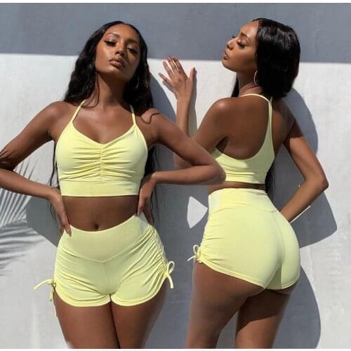 Women Two Piece Set Bodycon Top and Pants Summer Hot Style Fashion Women Short Sets Casual Halter Hanging Neck Vest Shorts